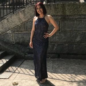 Nightway Sequined Strappy-Back Halter Gown